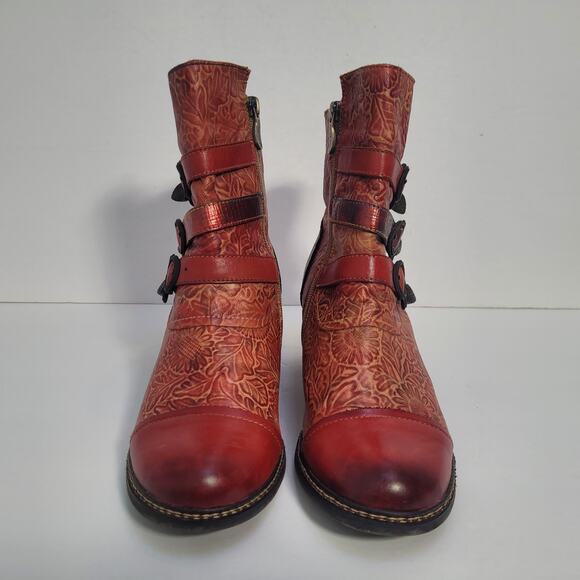 L'artiste Spring Step Elsie Red Leather Boots Boho Chunky Heel Womens 39 / 8.5US - Picture 3 of 11
